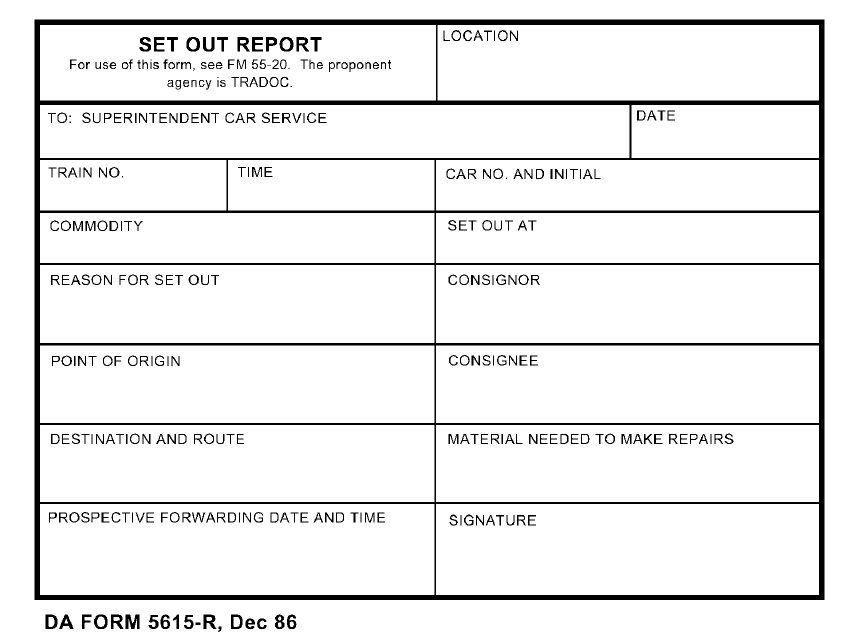 DA Form 5615-R Set out Report
