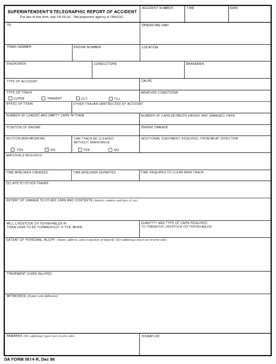 DA Form 5614-R Superintendents Telegraphic Report of Accident, Page 1