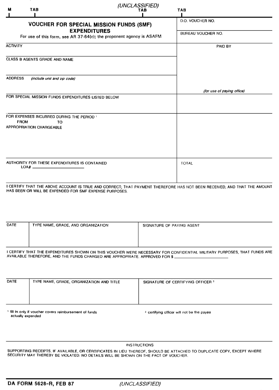 DA Form 5628-R Voucher for Special Mission Funds (Smf) Expenditures, Page 1