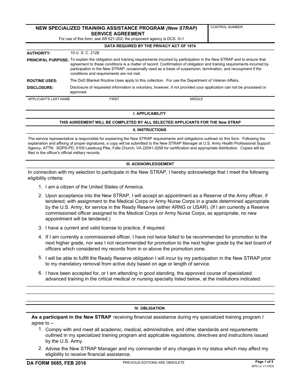 DA Form 5685 New Specialized Training Assistance Program (New Strap) Service Agreement, Page 1