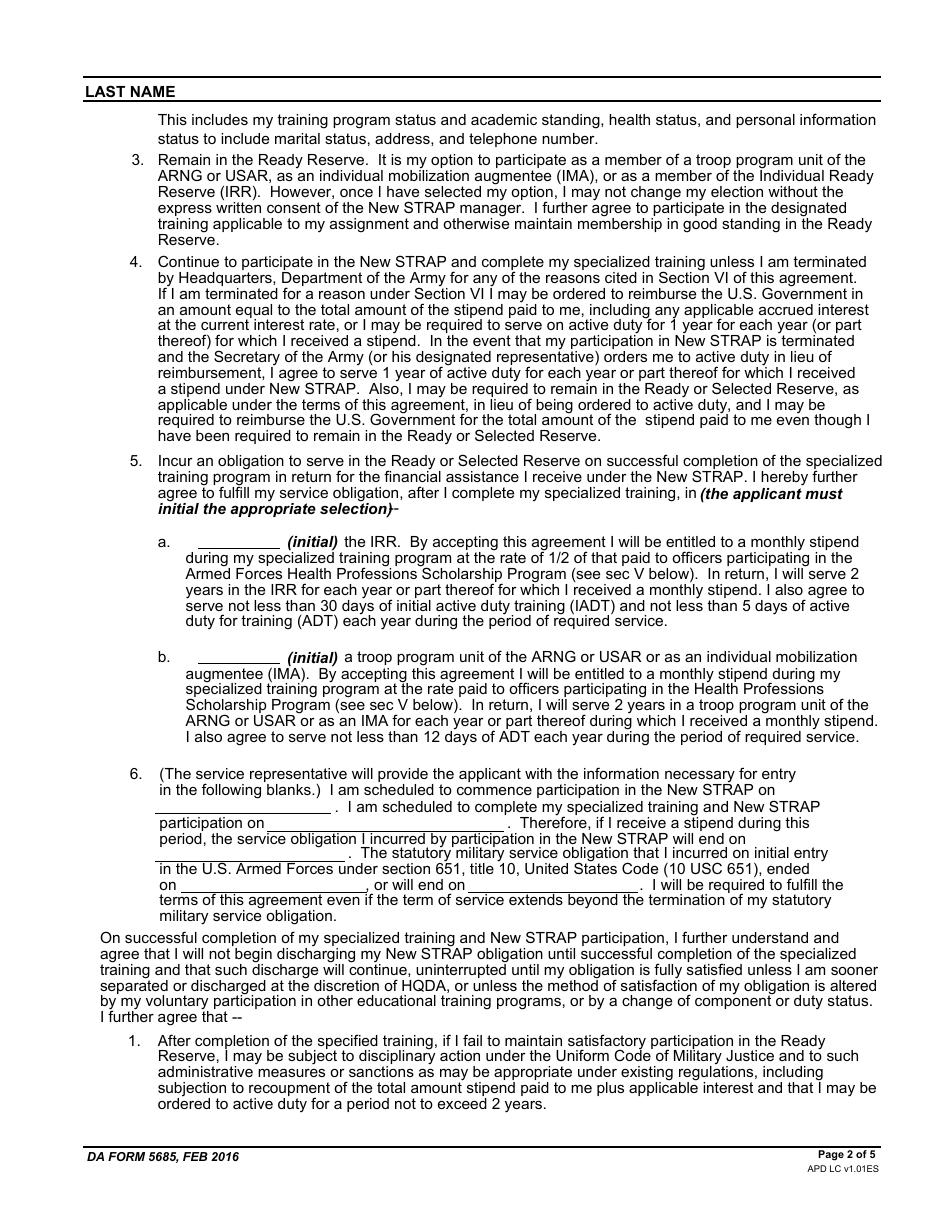 DA Form 5685 New Specialized Training Assistance Program (New Strap) Service Agreement, Page 2