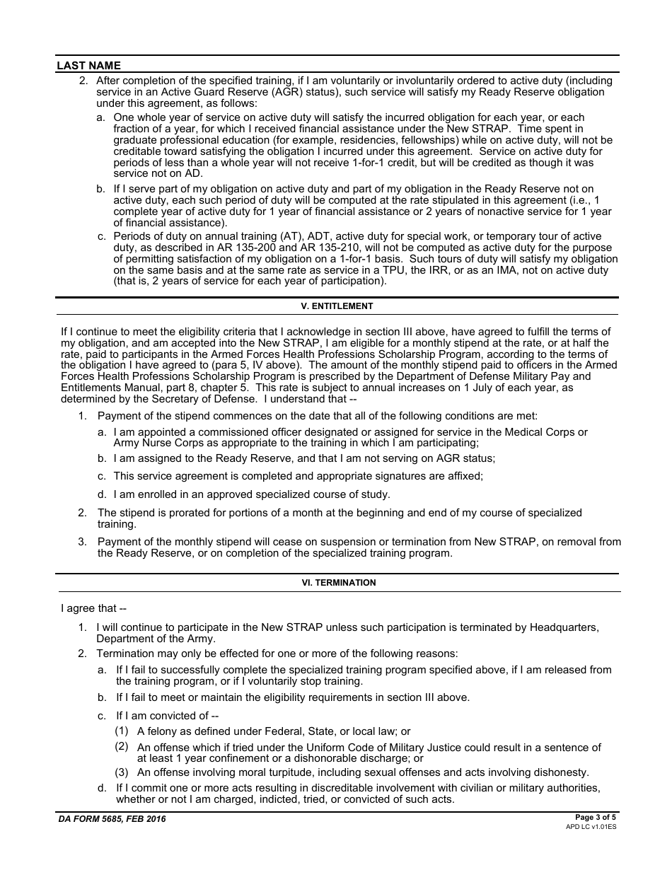 DA Form 5685 New Specialized Training Assistance Program (New Strap) Service Agreement, Page 3