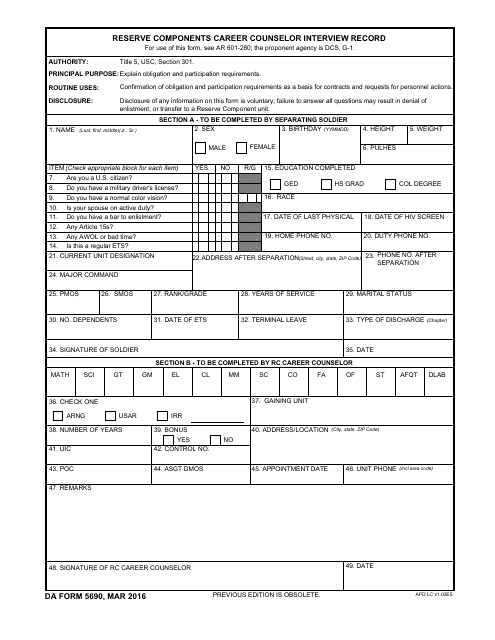 DA Form 5690  Printable Pdf