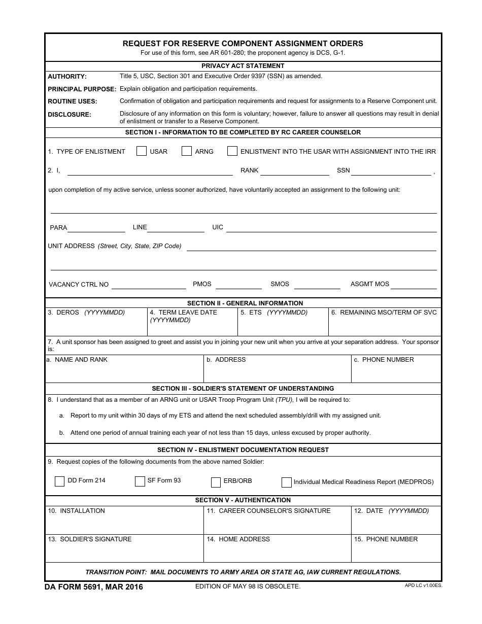 DA Form 5691 Request for Reserve Component Assignment Orders, Page 1