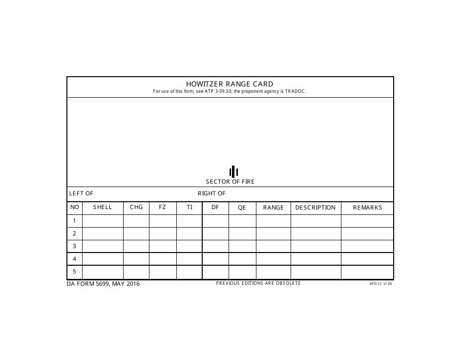 DA Form 5699 Howitzer Range Card, Page 1