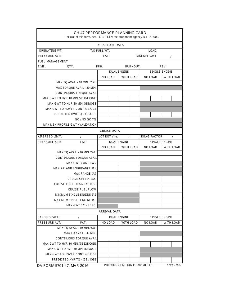 DA Form 5701-47 Ch-47 Performance Planning Card, Page 1
