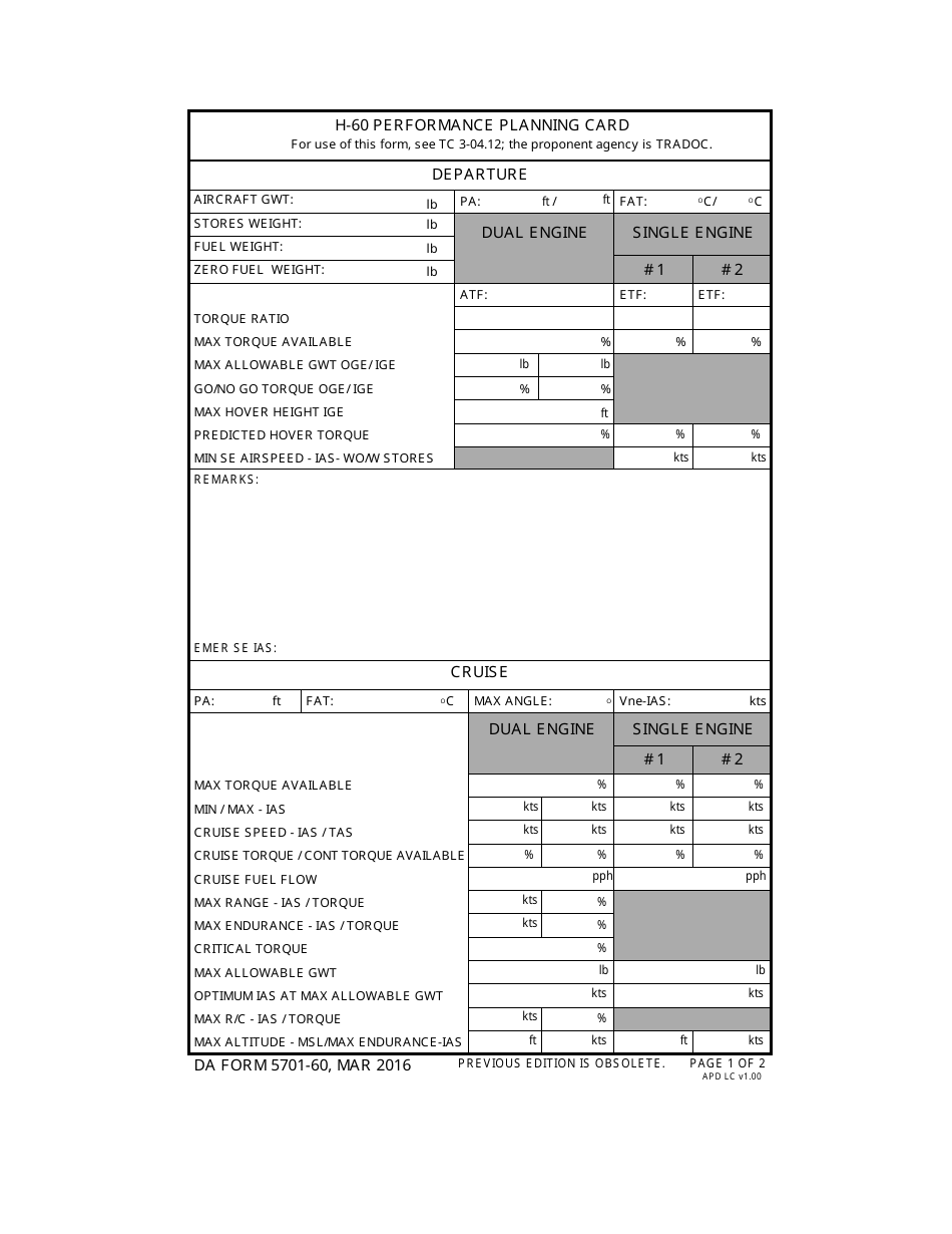 DA Form 5701-60 H-60 Performance Planning Card, Page 1