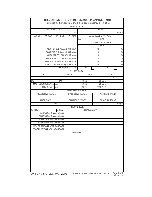 DA Form 5701-228 Oh-58a/C and Th-67 Performance Planning Card