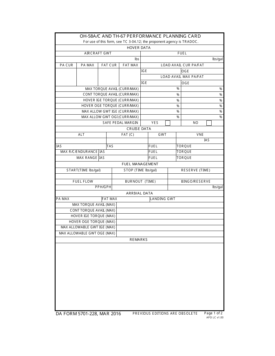 DA Form 5701-228 Oh-58a / C and Th-67 Performance Planning Card, Page 1