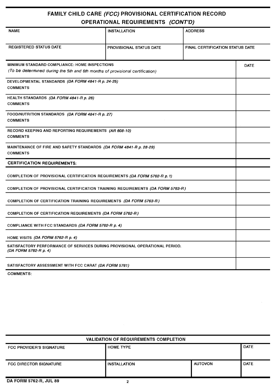 DA Form 5762-R Family Child Care Certification Requirements, Page 2
