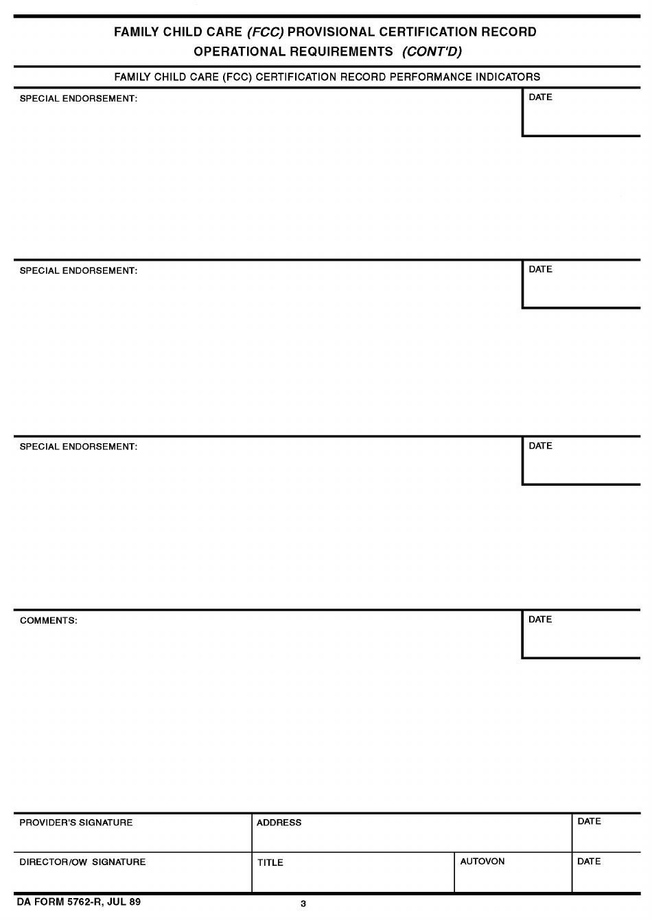DA Form 5762-R Family Child Care Certification Requirements, Page 3