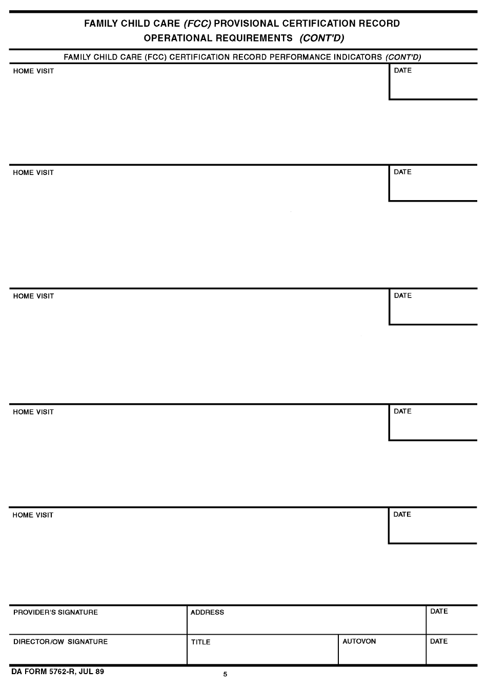 DA Form 5762-R Family Child Care Certification Requirements, Page 5