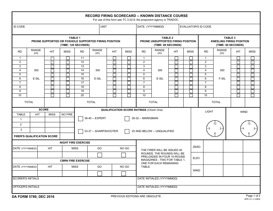DA Form 5789 Record Fire Scorecard-Known Distance Course, Page 1
