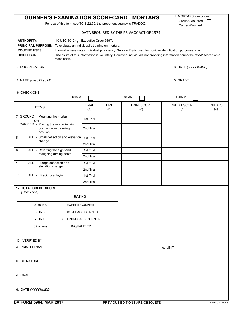 DA Form 5964 Gunners Examination Scorecard - Mortars, Page 1
