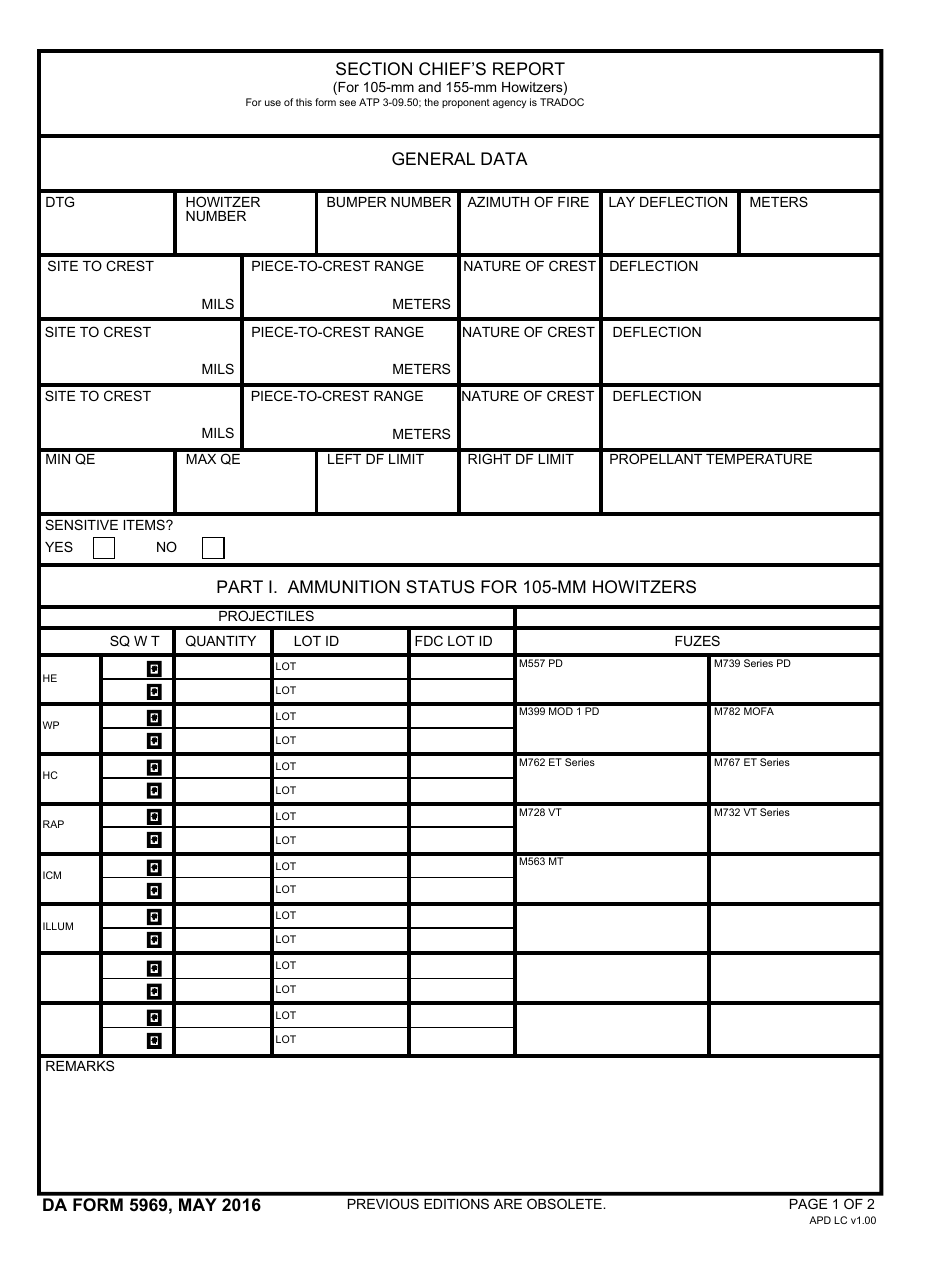 DA Form 5969 Section Chiefs Report (For 105-mm and 155-mm Howitzers), Page 1