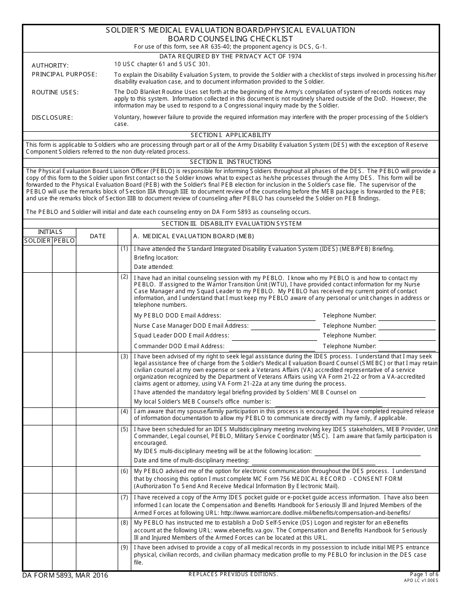 DA Form 5893 - Fill Out, Sign Online and Download Fillable PDF ...