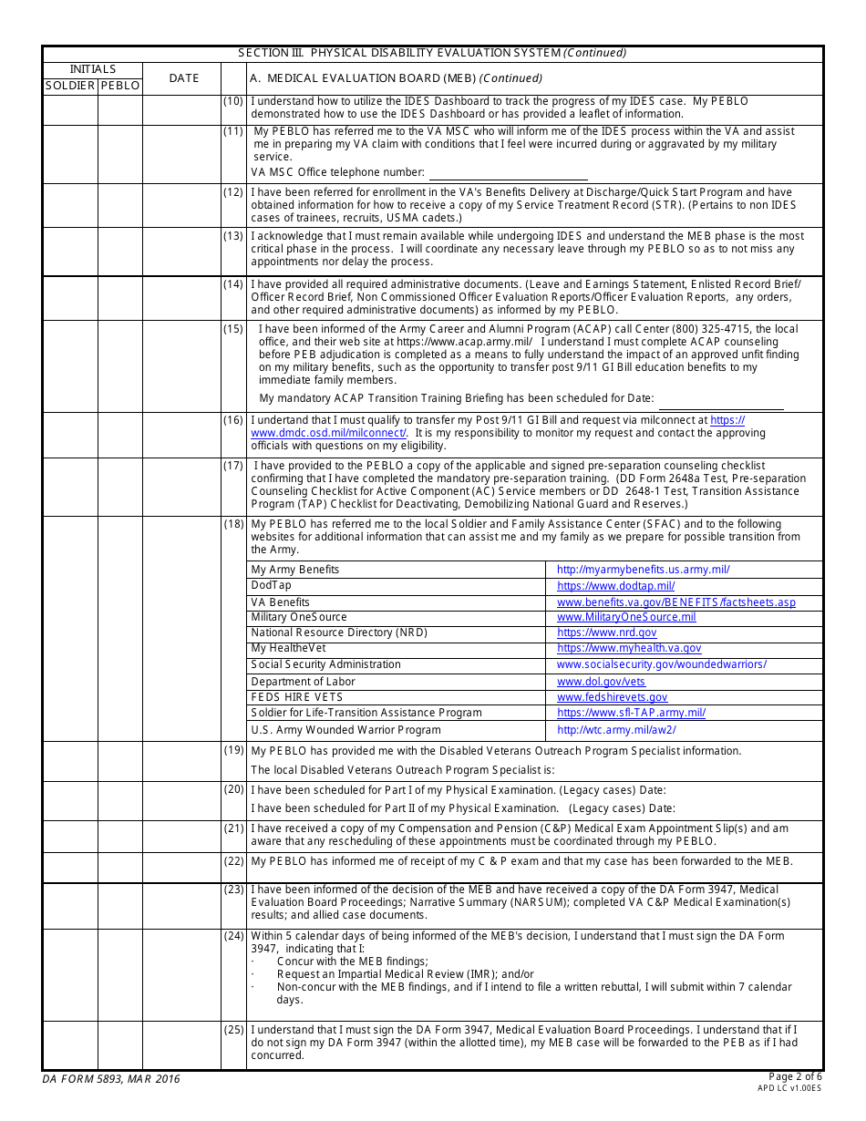 DA Form 5893 Soldiers Medical Evaluation Board / Physical Evaluation Board Counseling Checklist, Page 2