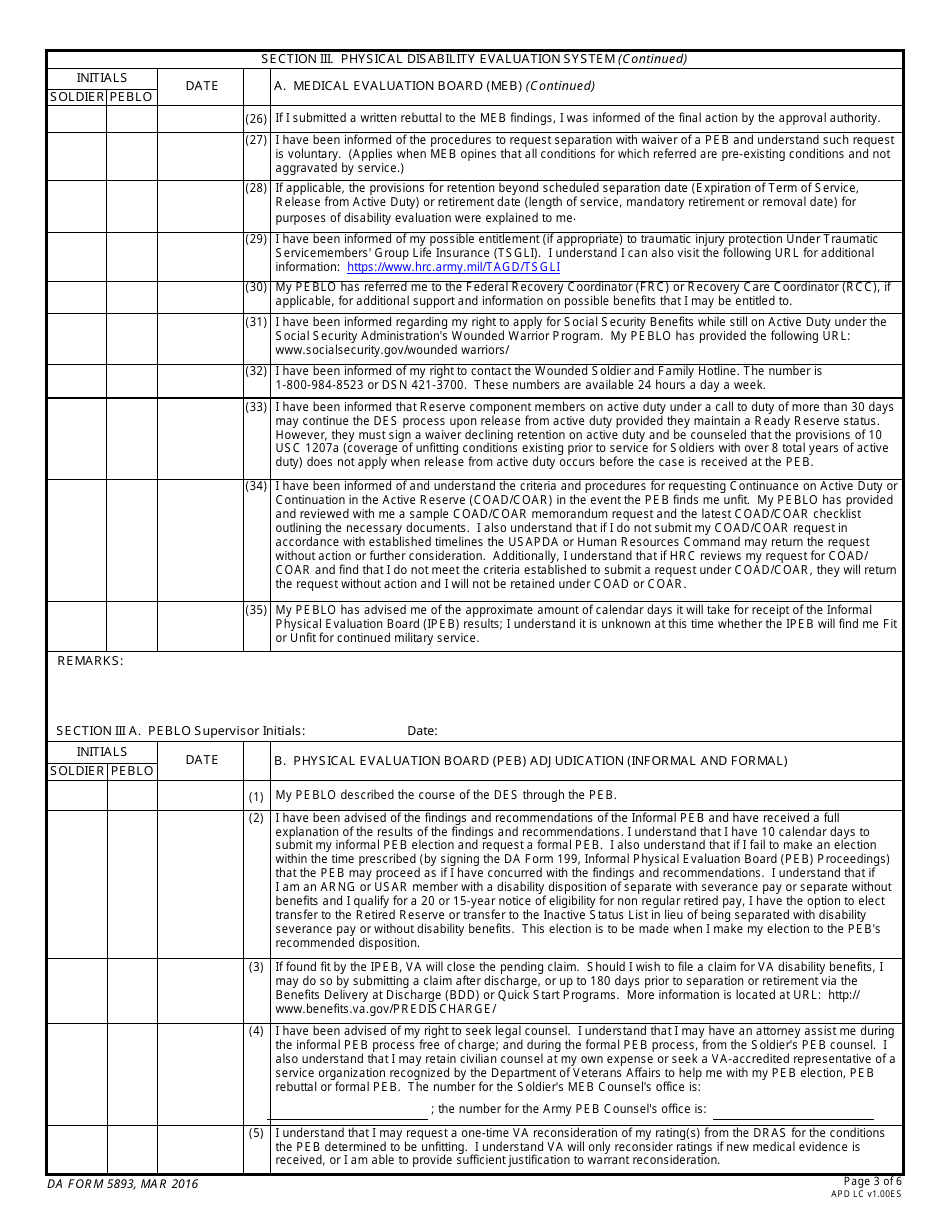 DA Form 5893 Soldiers Medical Evaluation Board / Physical Evaluation Board Counseling Checklist, Page 3