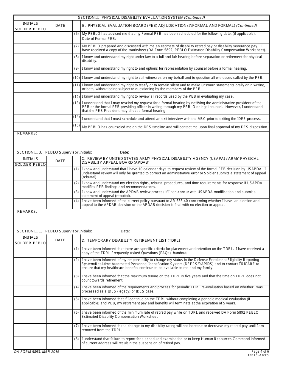 DA Form 5893 Soldiers Medical Evaluation Board / Physical Evaluation Board Counseling Checklist, Page 4