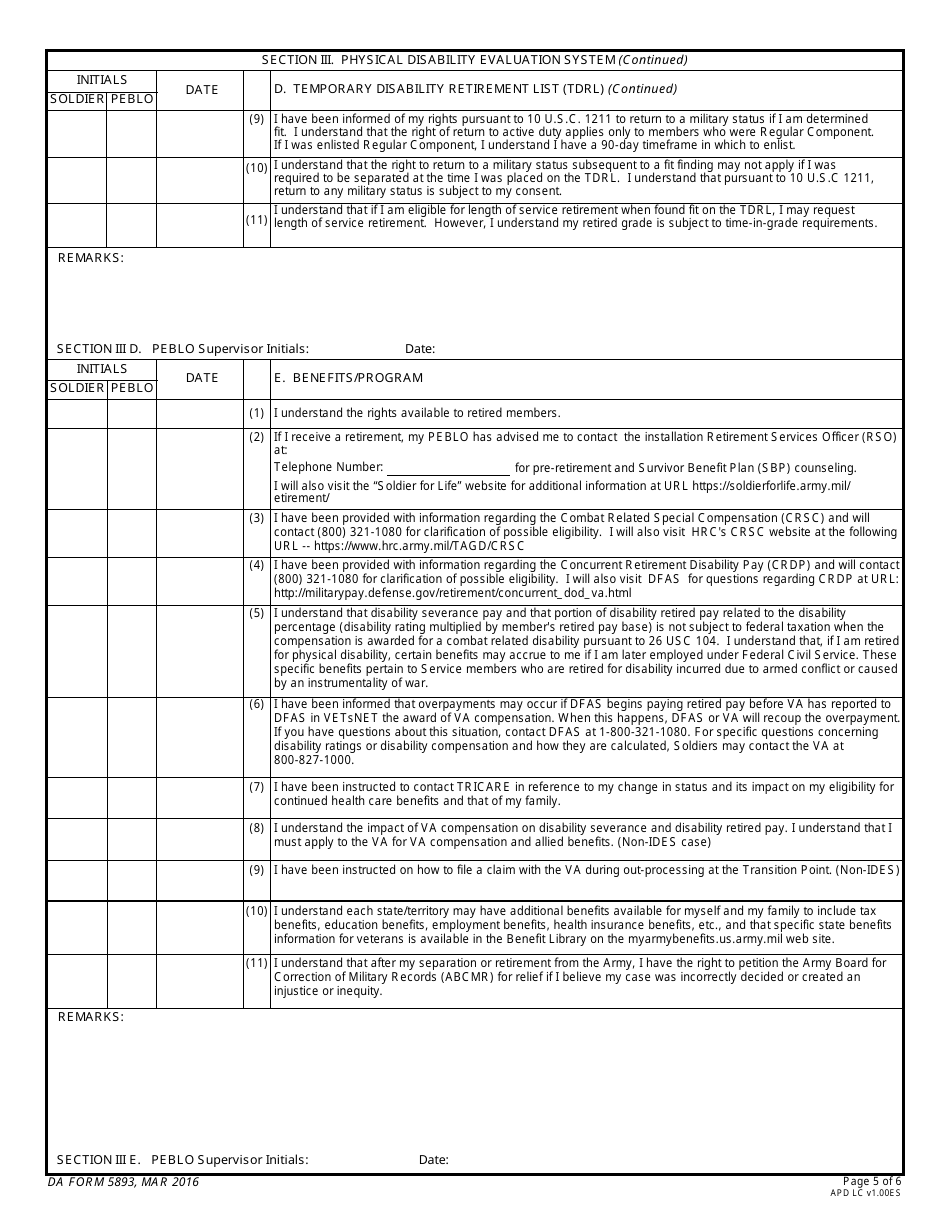 DA Form 5893 Soldiers Medical Evaluation Board / Physical Evaluation Board Counseling Checklist, Page 5