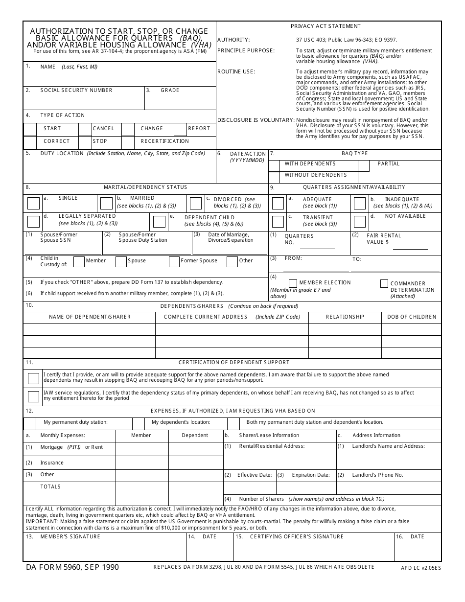 Da form 5960 download fillable pdf or fill online authorization to 