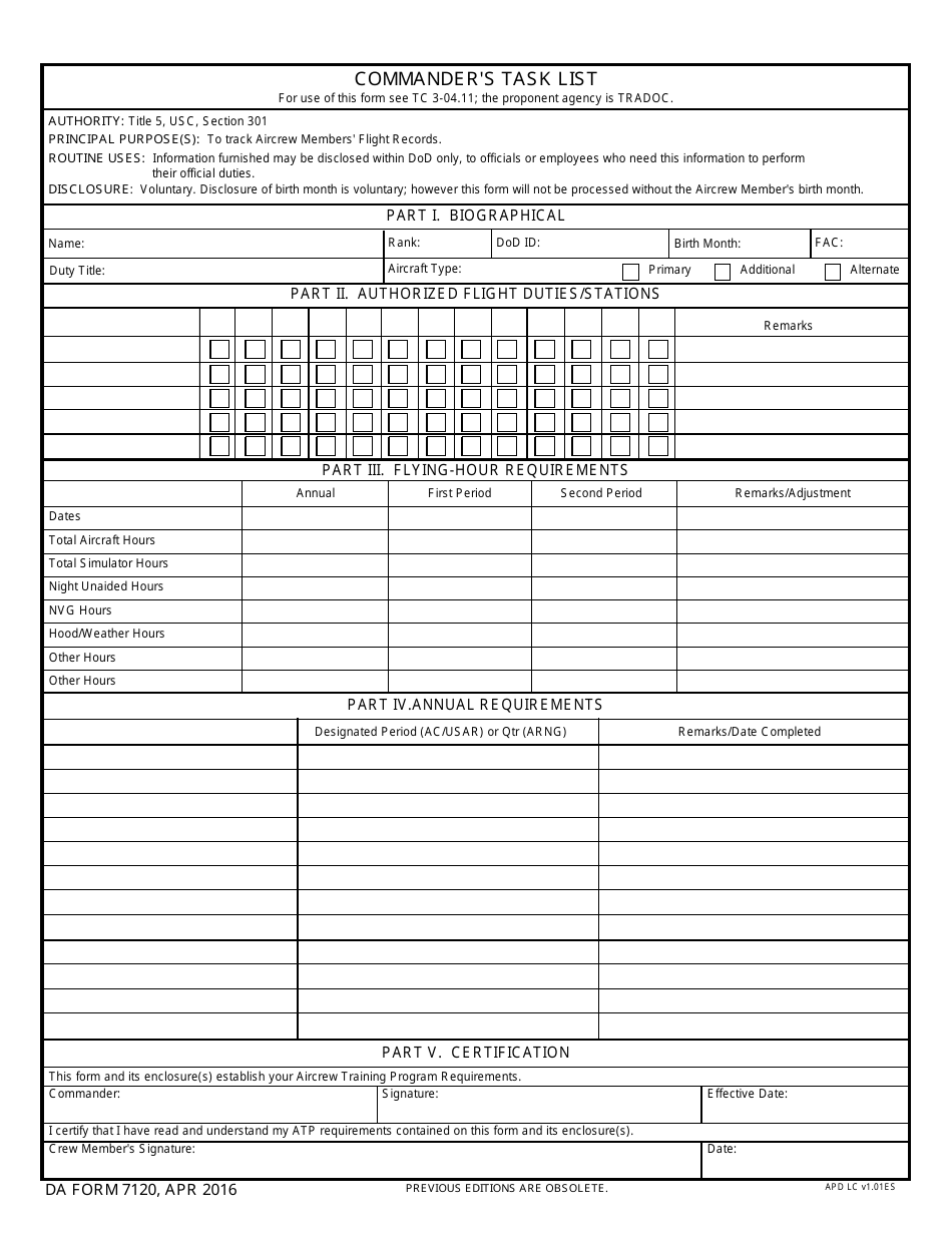 DA Form 7120 Commanders Task List, Page 1