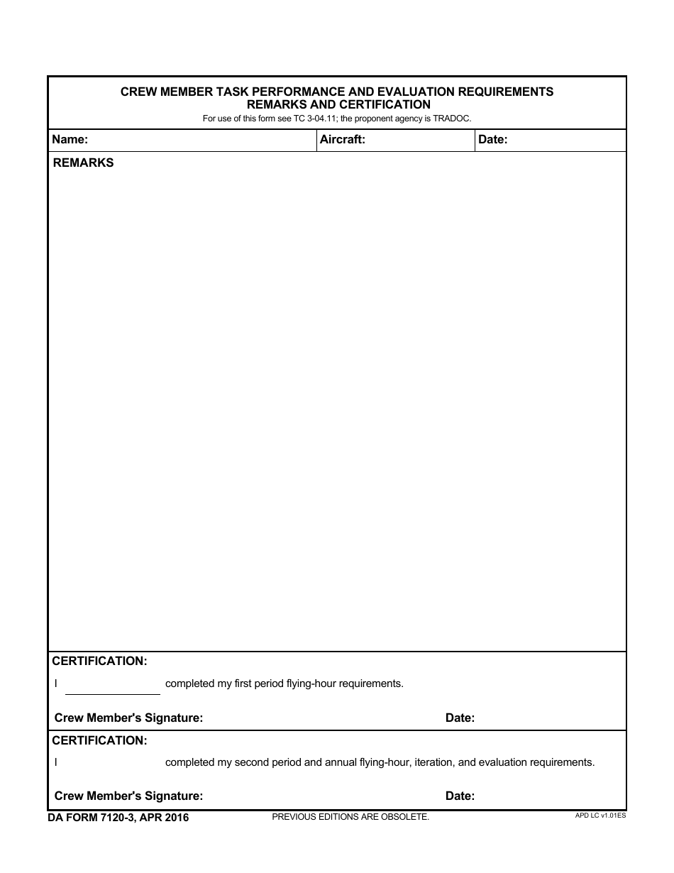 DA Form 7120-3 Crew Member Task Performance and Evaluation Requirements Remarks and Certification, Page 1