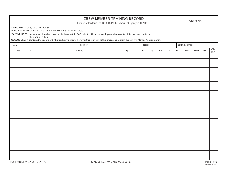 DA Form 7122 Crew Member Training Record, Page 1