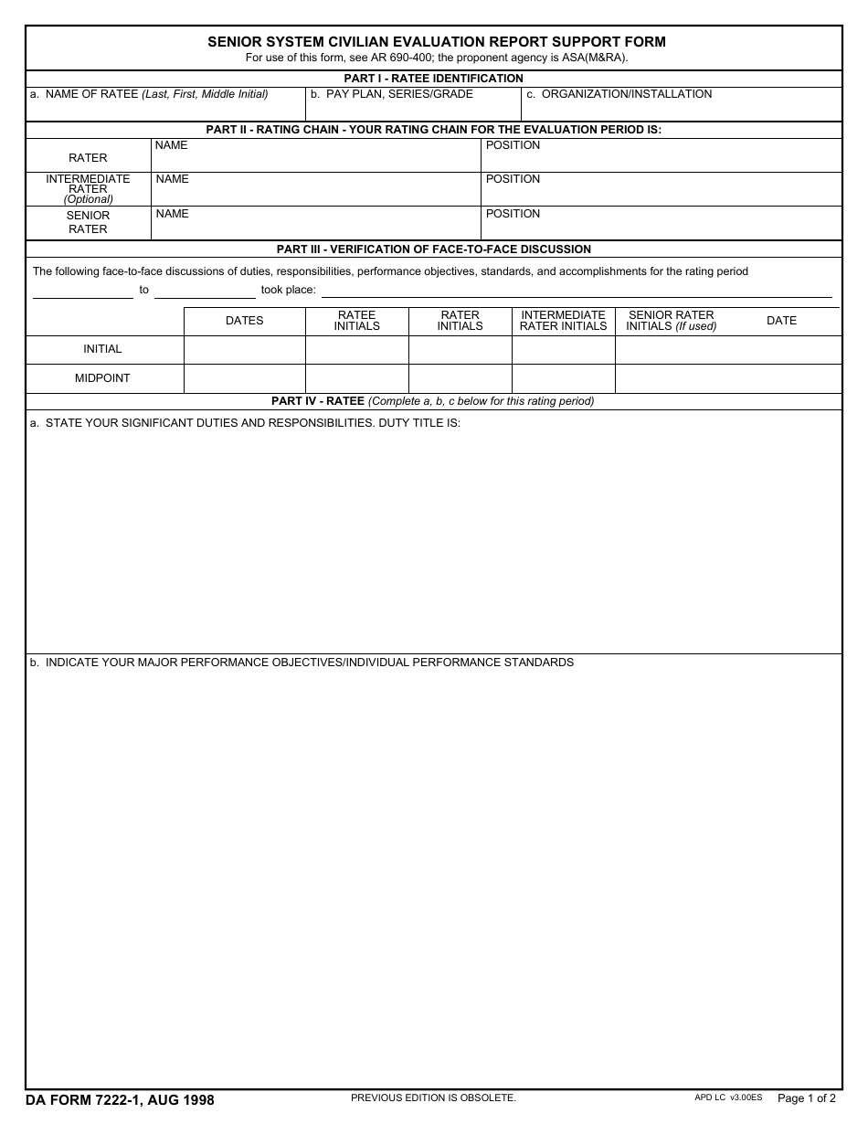 DA Form 7222-1 Senior System Civilian Evaluation Report Support Form, Page 1