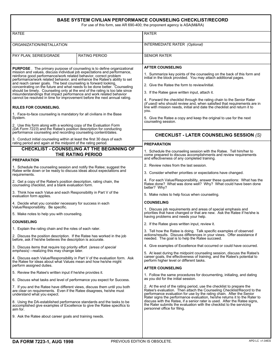 DA Form 7223-1 Base System Civilian Performance Counseling Checklist / Record, Page 1