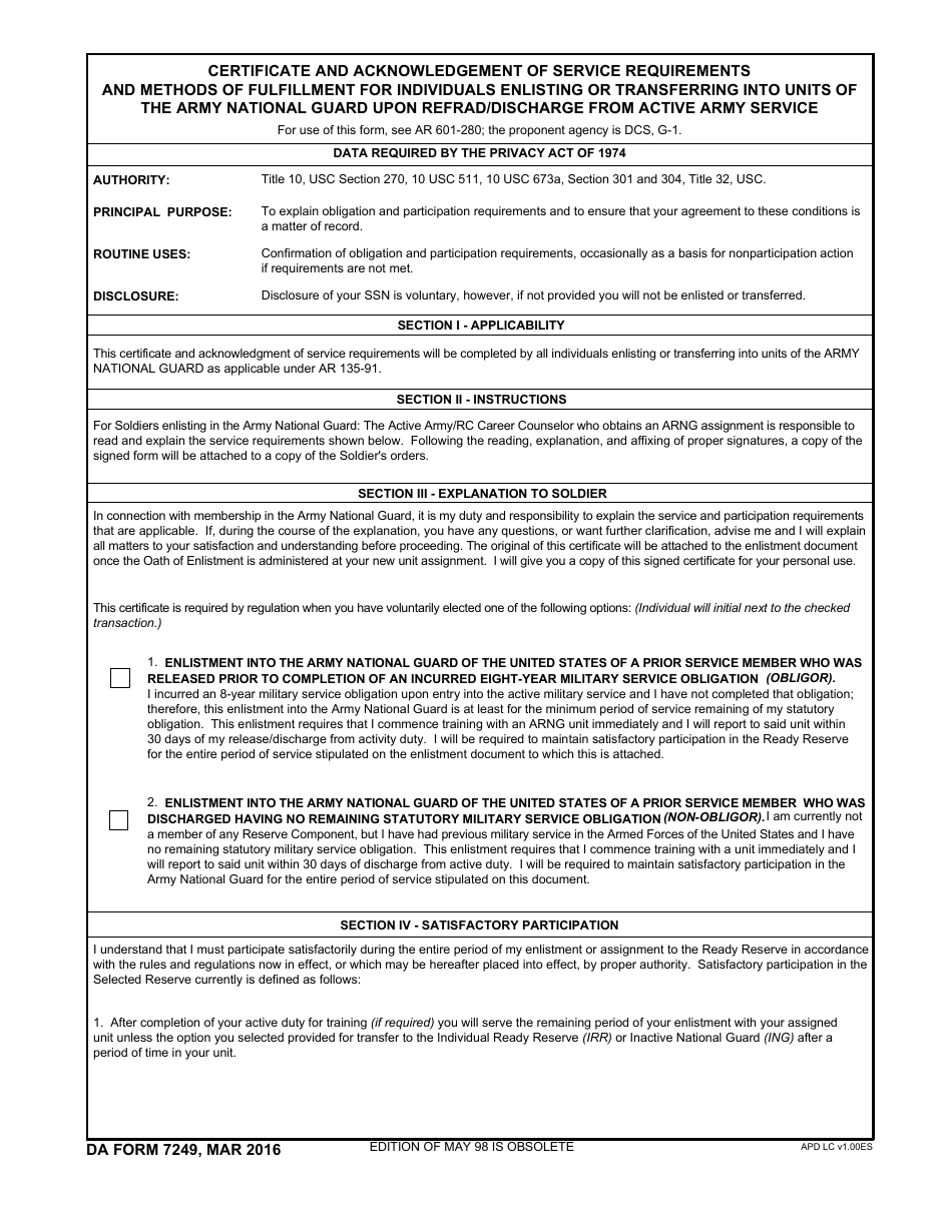 DA Form 7249 Certificate and Acknowledgement of Service Requirements and Methods of Fulfillment for Individuals Enlisting or Transferring Into Units of the Army National Guard Upon REFRAD / Discharge From Active Army Service, Page 1