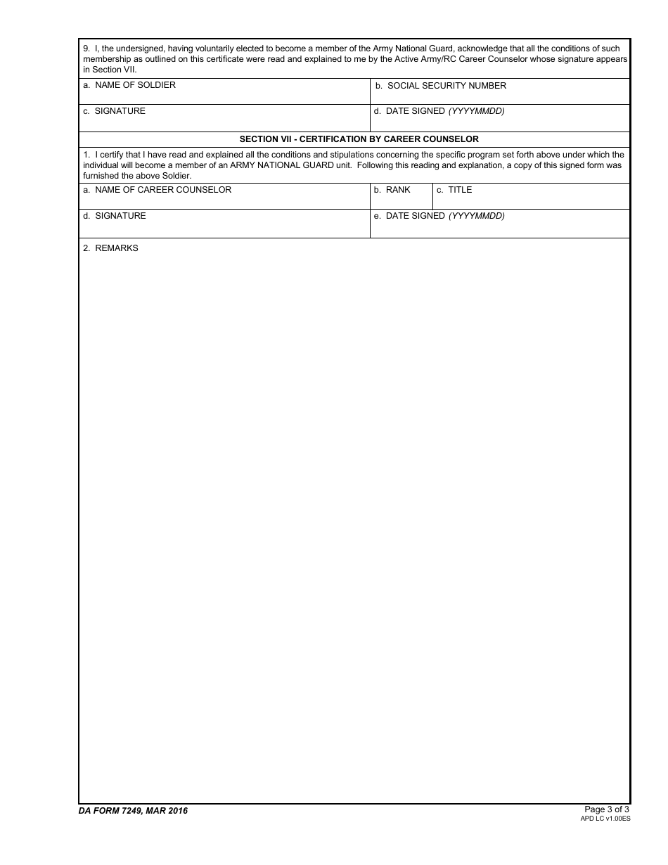 DA Form 7249 Certificate and Acknowledgement of Service Requirements and Methods of Fulfillment for Individuals Enlisting or Transferring Into Units of the Army National Guard Upon REFRAD / Discharge From Active Army Service, Page 3