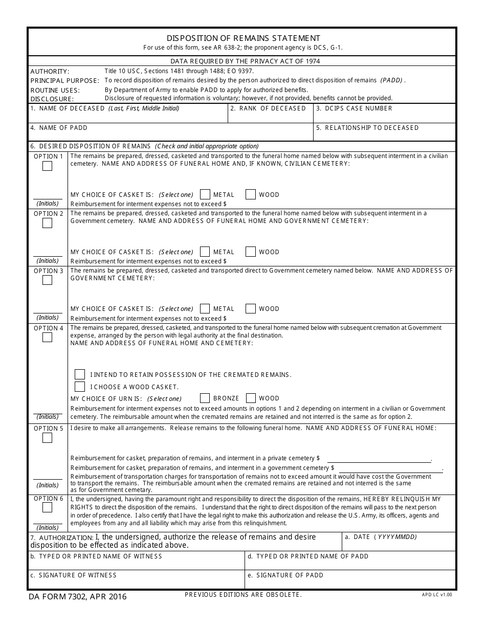 DA Form 7302 Disposition of Remains Statement, Page 1
