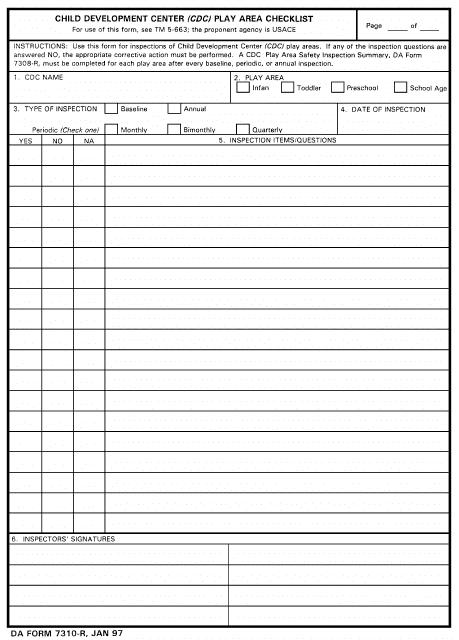 DA Form 7310-R Child Development (CDC) Play Area Checklist Form