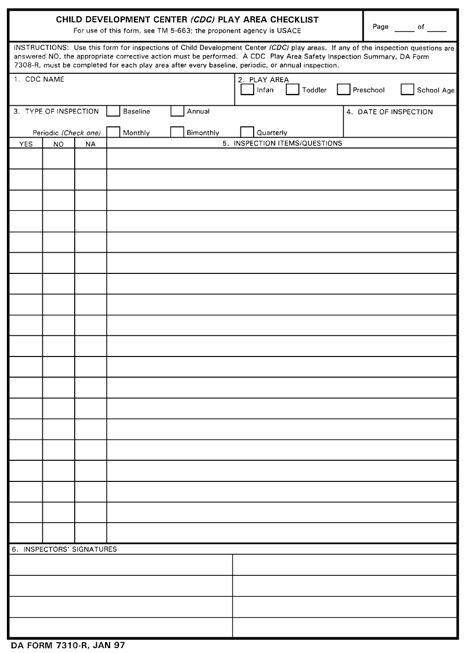 DA Form 7310-R Child Development (CDC) Play Area Checklist Form, Page 1