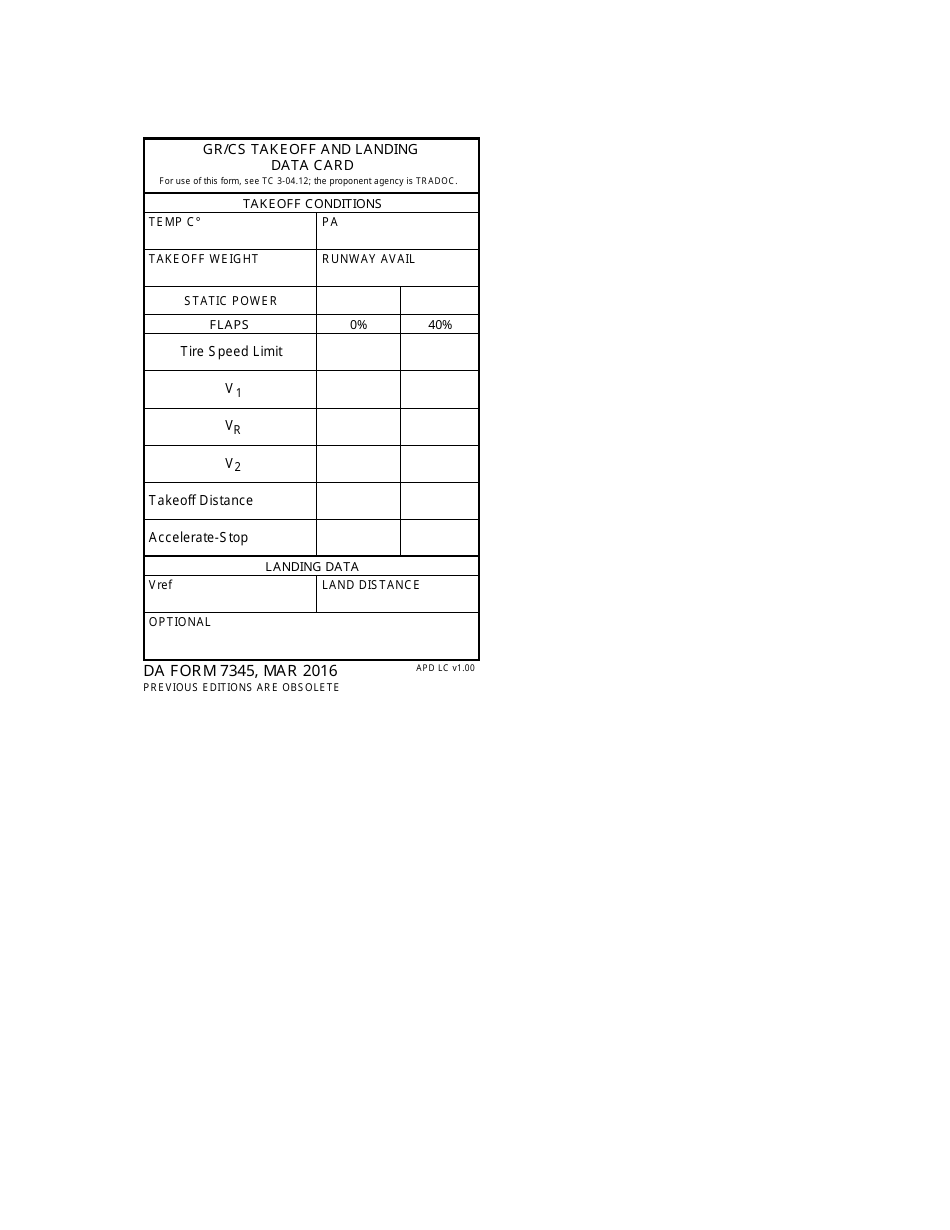 DA Form 7345 Gr / Cs Takeoff and Landing Data Card, Page 1