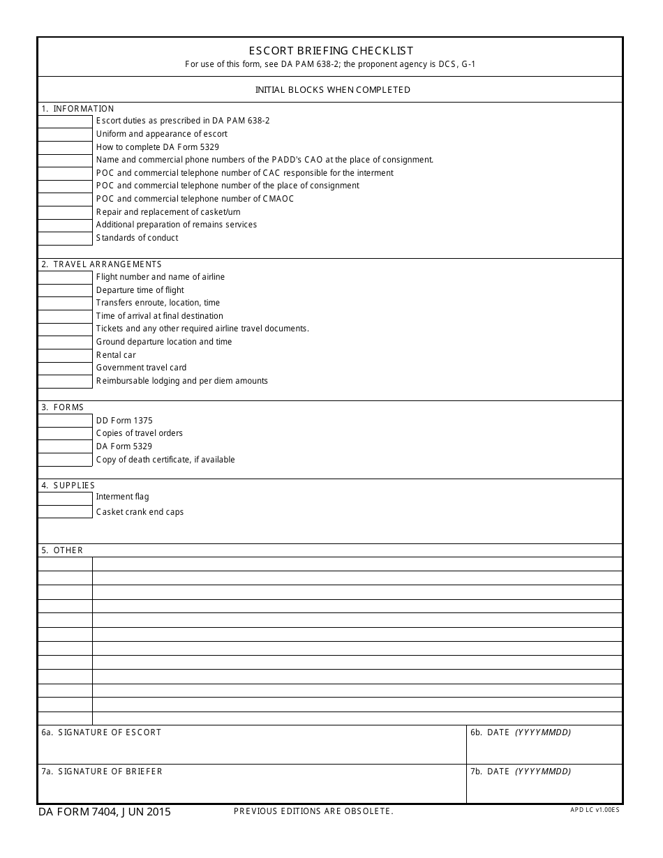 DA Form 7404 Escort Briefing Checklist, Page 1