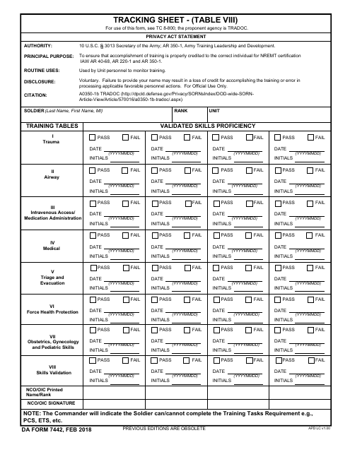 DA Form 7442 Tracking Sheet - (Table VII)