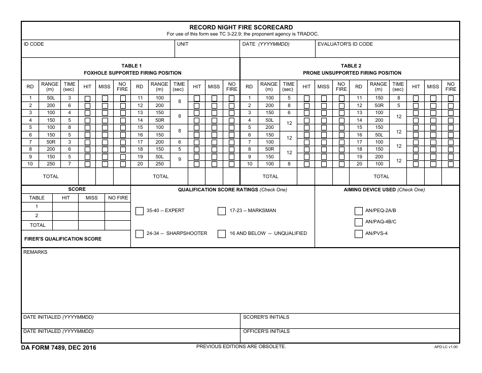 DA Form 7489 Record Night Fire Scorecard, Page 1