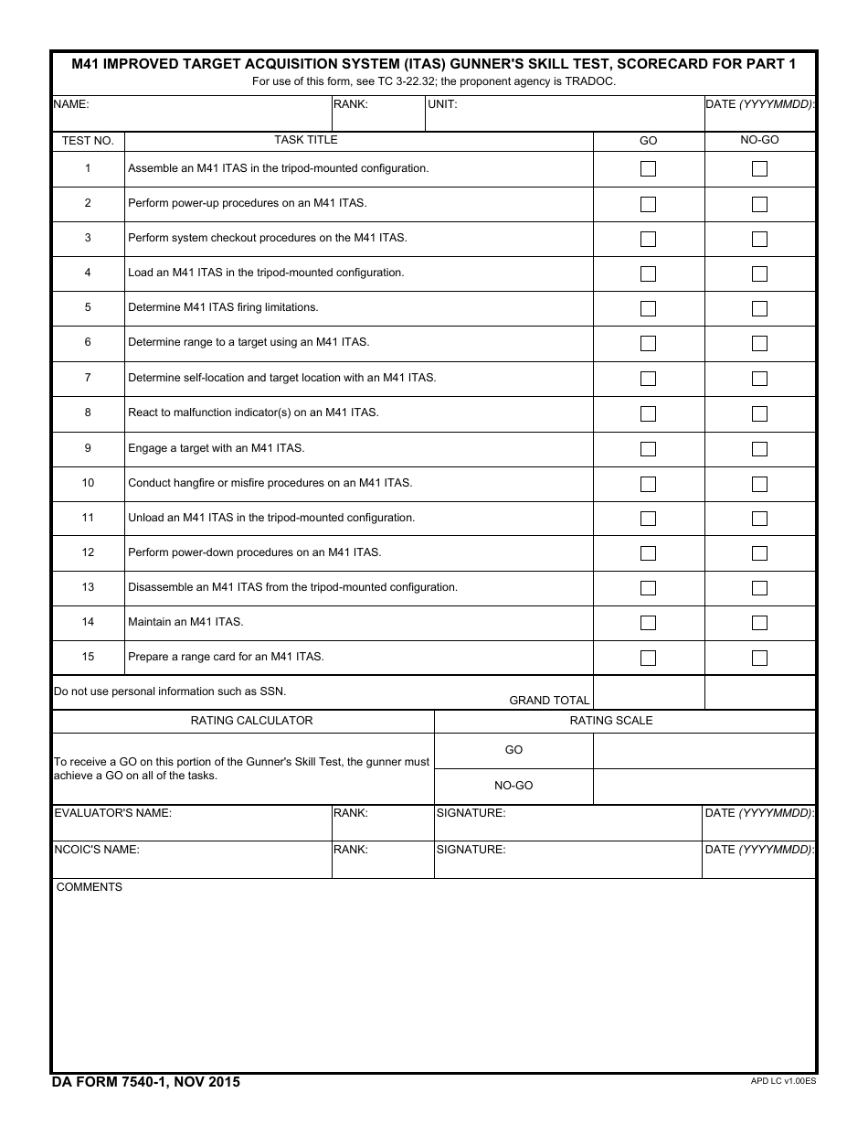 DA Form 7540-1 M41 Improved Target Acquisition System (Itas) Gunners Skill Test, Scorecard for Part 1, Page 1