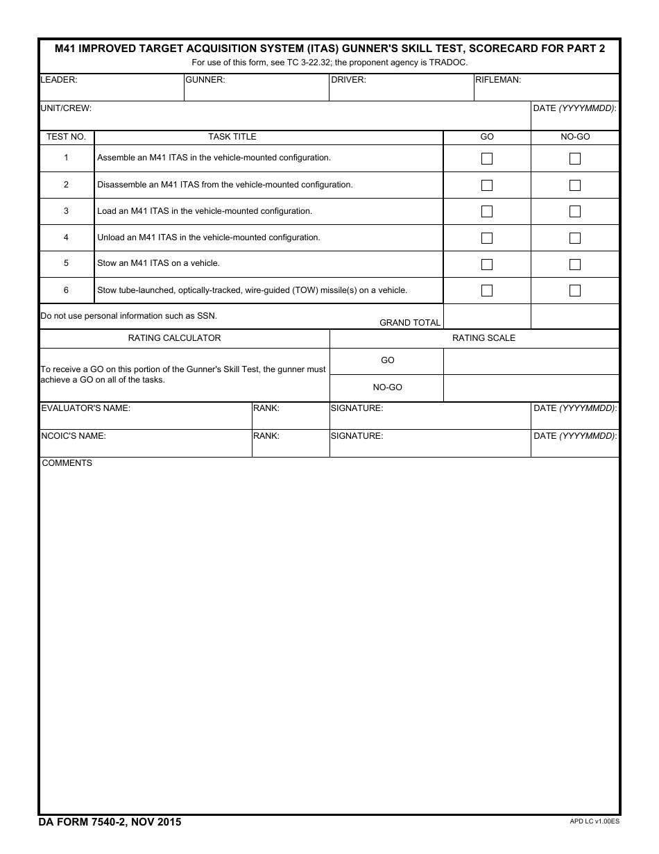 DA Form 7540-2 M41 Improved Target Acquisition System (Itas) Gunners Skill Test, Scorecard for Part 2, Page 1