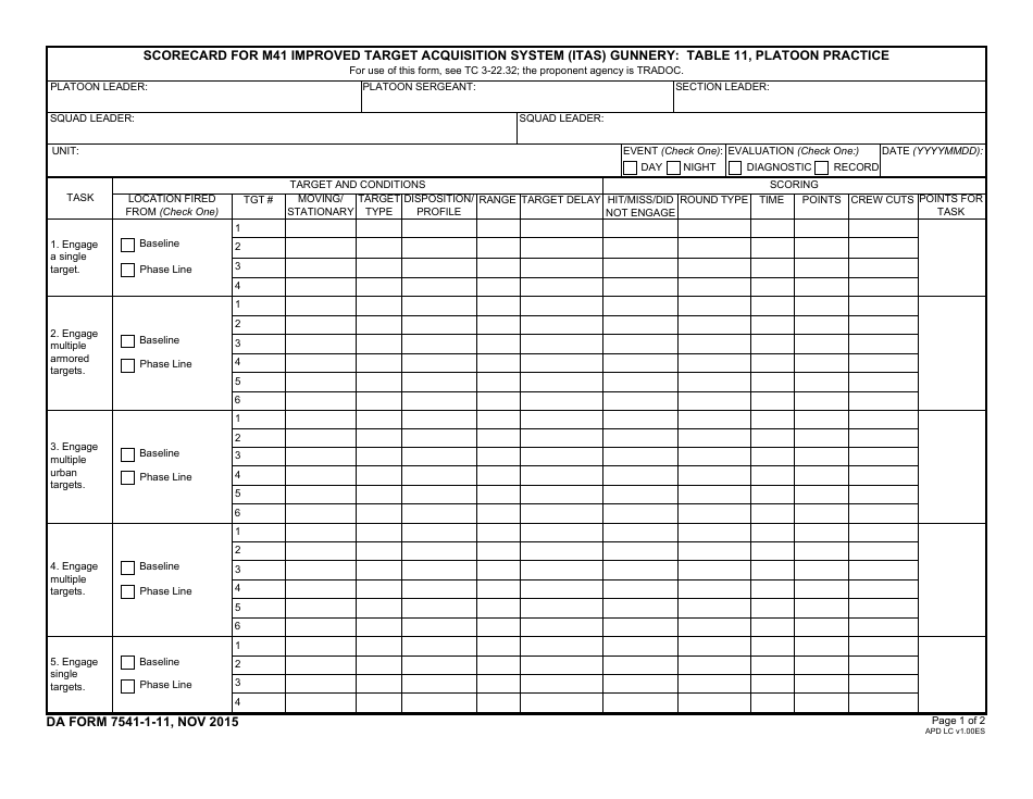 DA Form 7541-1-11 Scorecard for M41 Improved Target Acquisition System (Itas) Gunnery: Table 11, Platoon Practice, Page 1