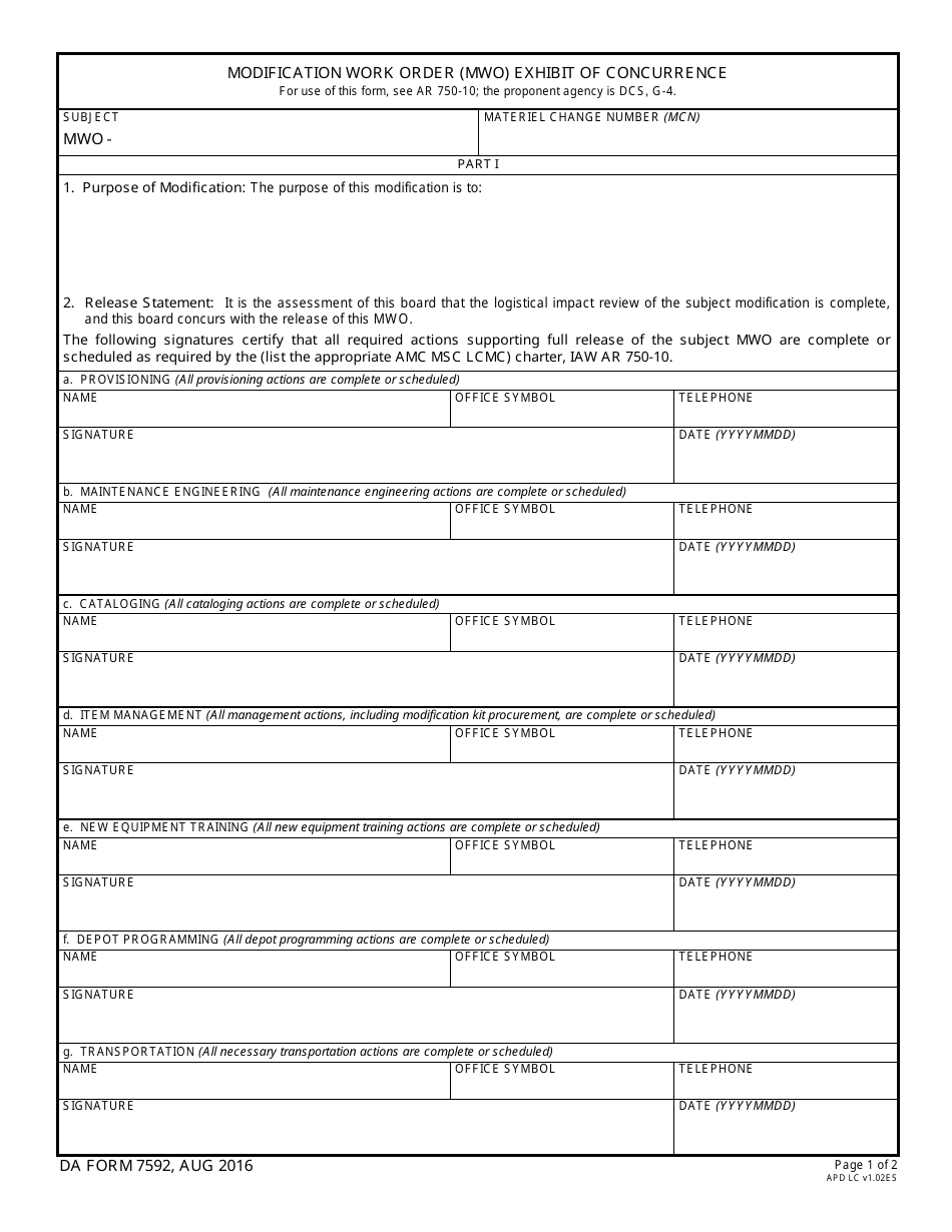 DA Form 7592 Modification Work Order (Mwo) Exhibit of Concurrence, Page 1