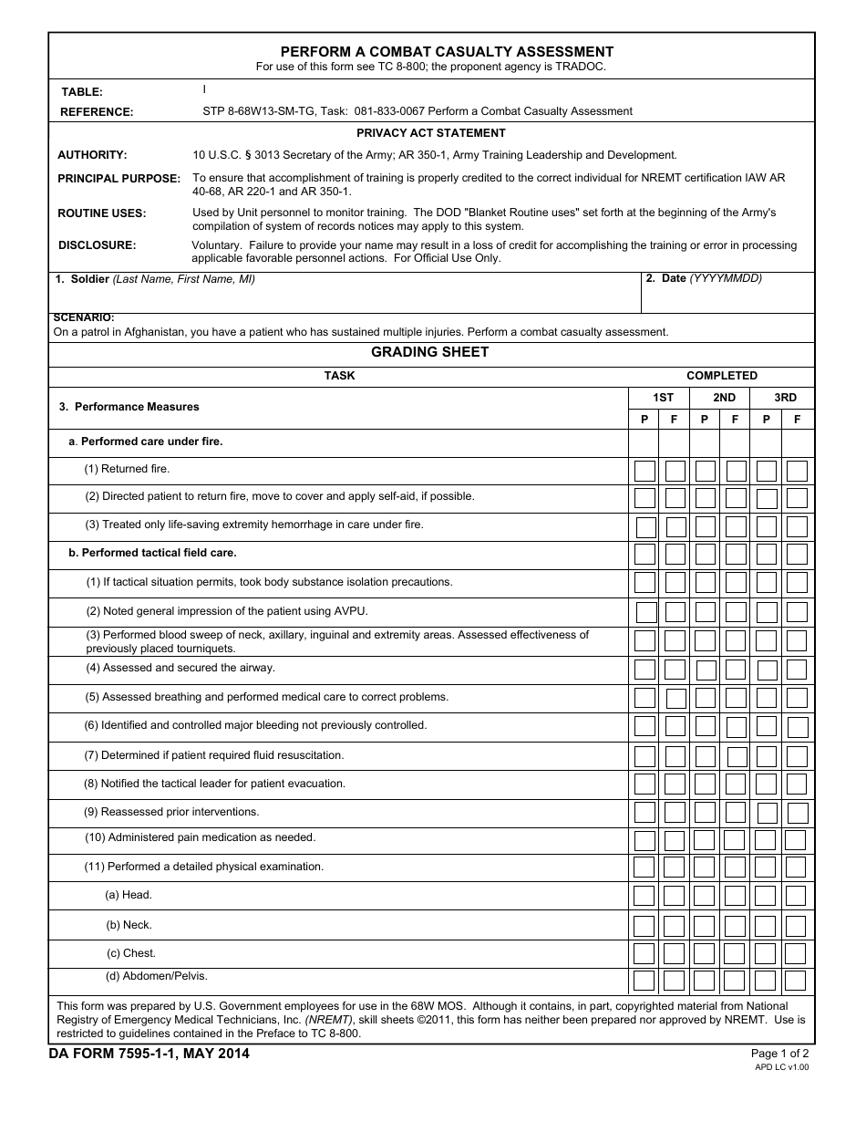 DA Form 7595-1-1 Perform a Combat Casualty Assessment, Page 1