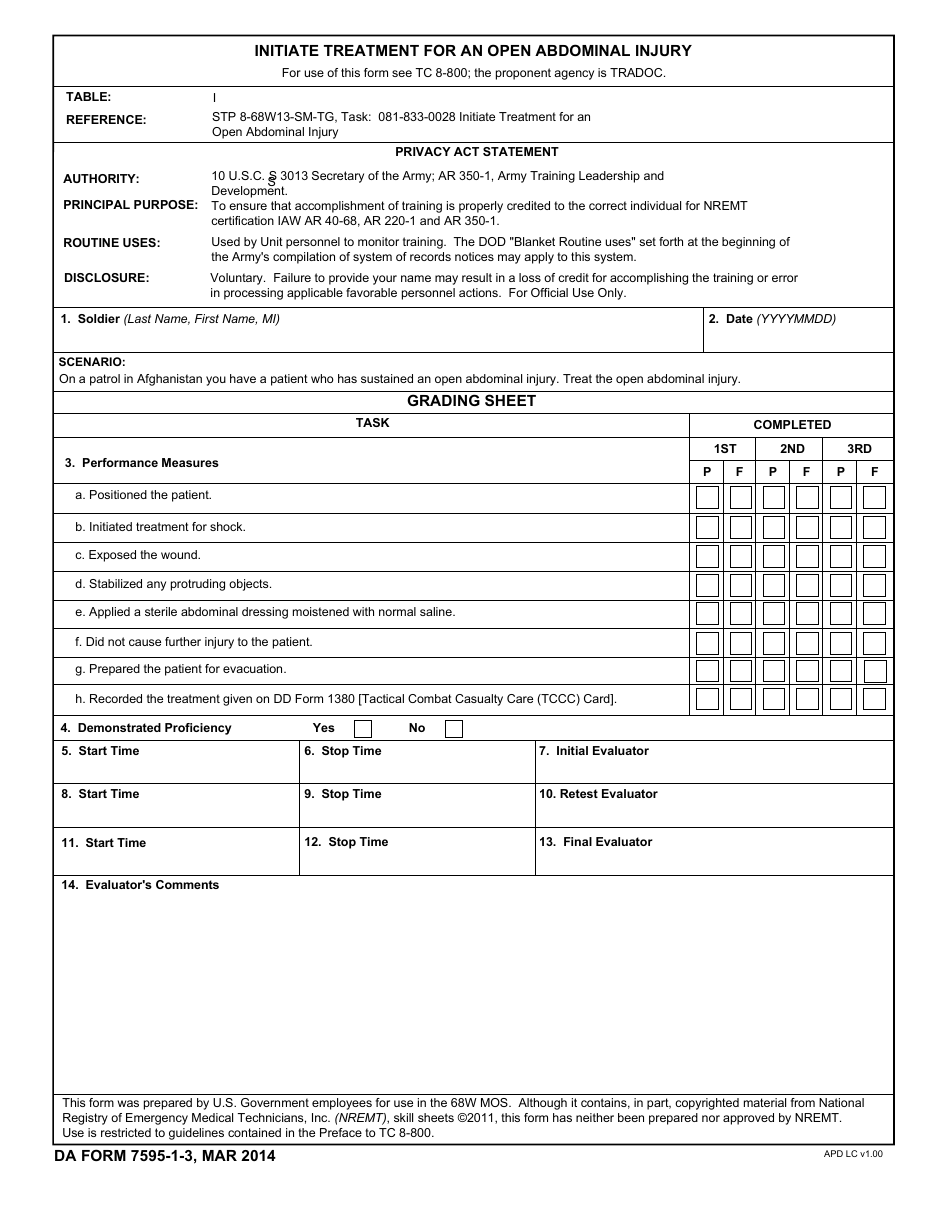 DA Form 7595-1-3 Initiate Treatment for an Open Abdominal Injury, Page 1
