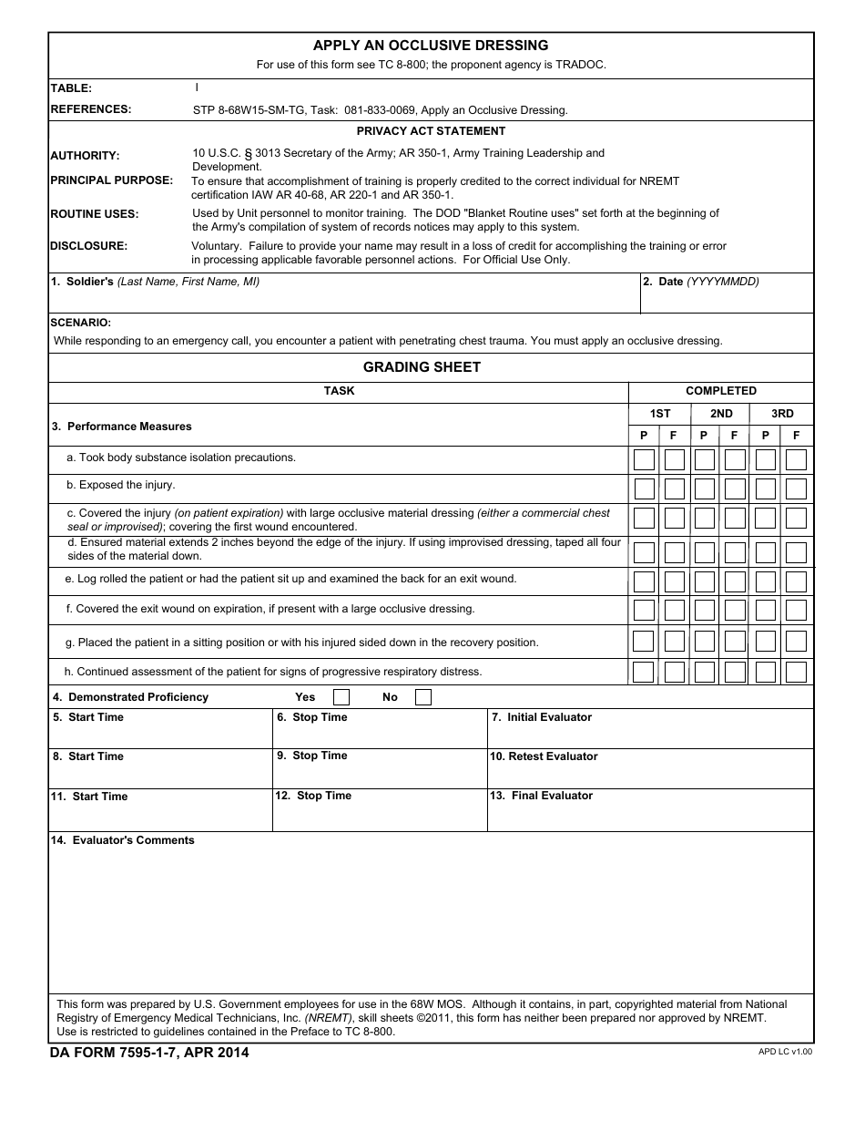 DA Form 7595-1-7 Apply an Occlusive Dressing, Page 1