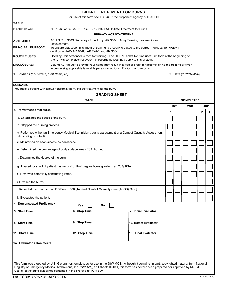 DA Form 7595-1-8 Initiate Treatment for Burns, Page 1