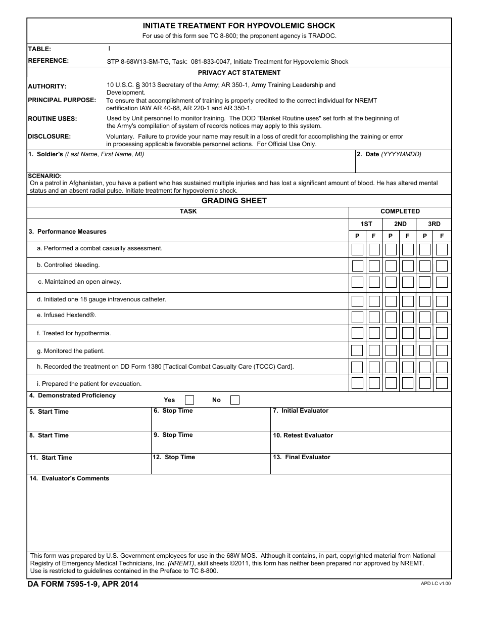 TRADOC Form 7595-1-9 Initiate Treatment for Hypovolemic Shock, Page 1
