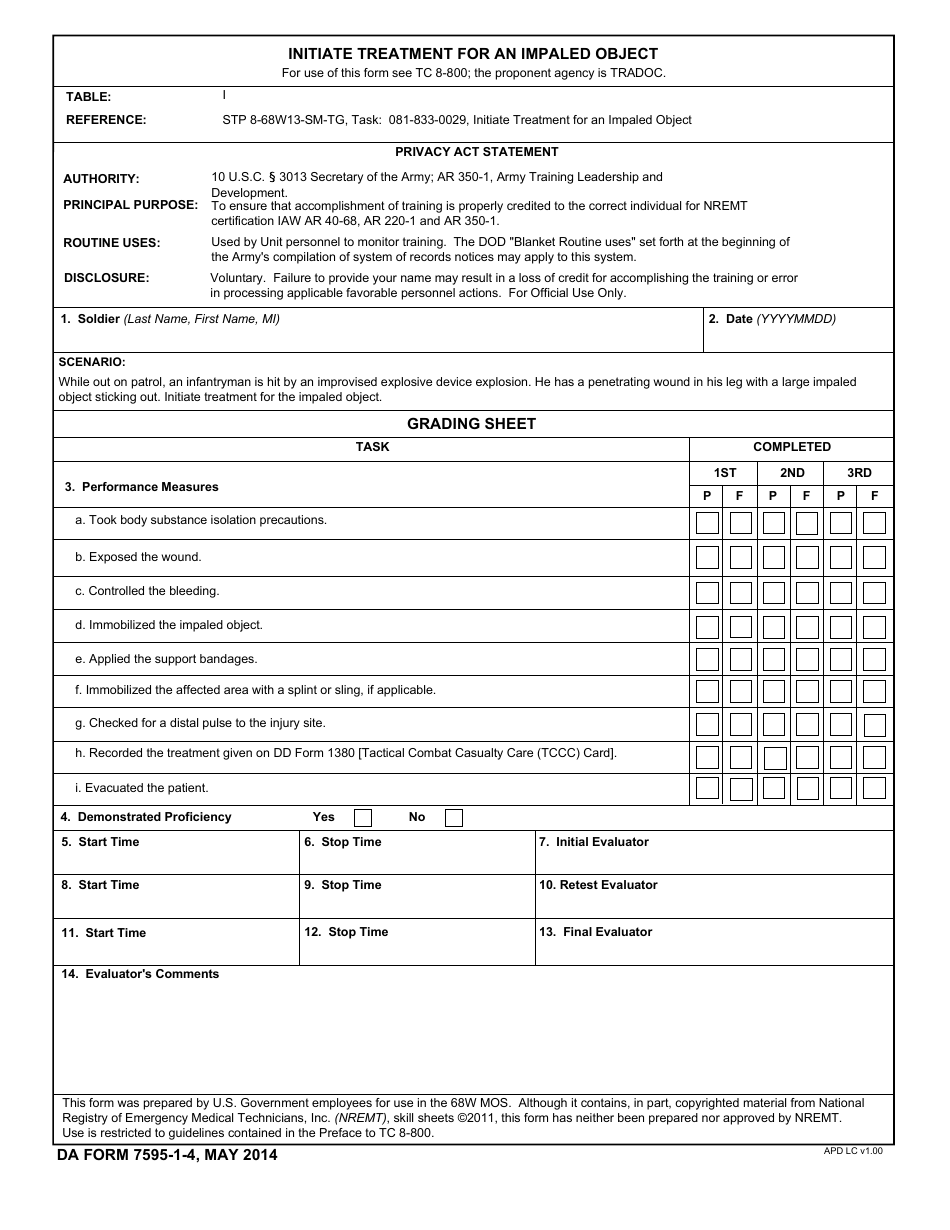 DA Form 7595-1-4 Initiate Treatment for an Impaled Object, Page 1
