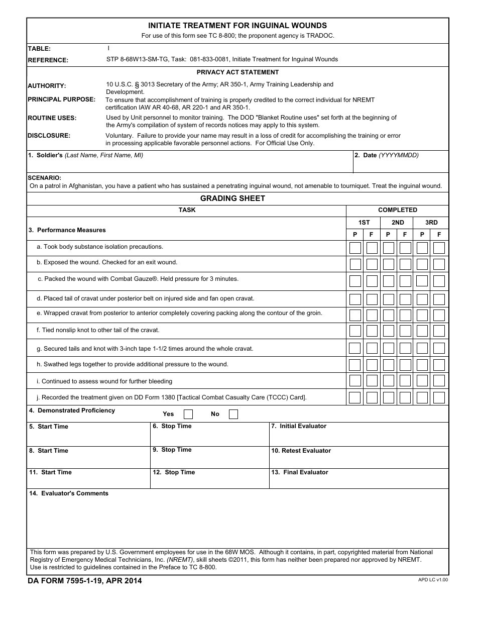 DA Form 7595-1-19 Initiate Treatment for Inguinal Wounds, Page 1
